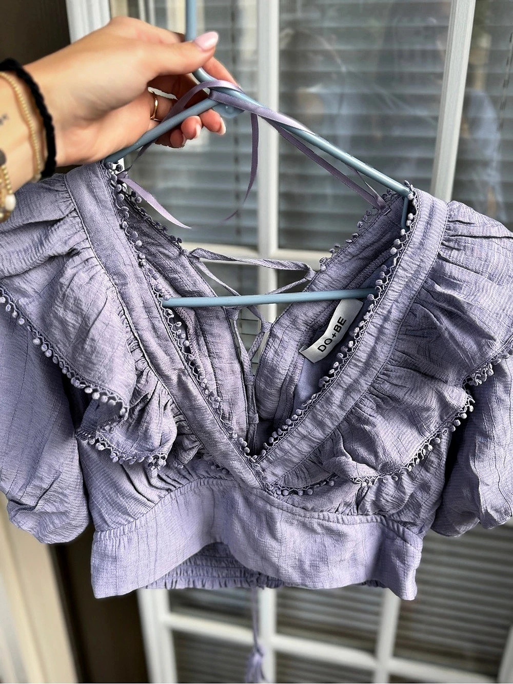 DO+BE Ruffle Crop Top in Purple Like New